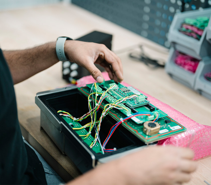 Mitarbeiter installiert eine elektronische Leiterplatte mit farbigen Kabeln in ein Gehäuse bei DRD Automation